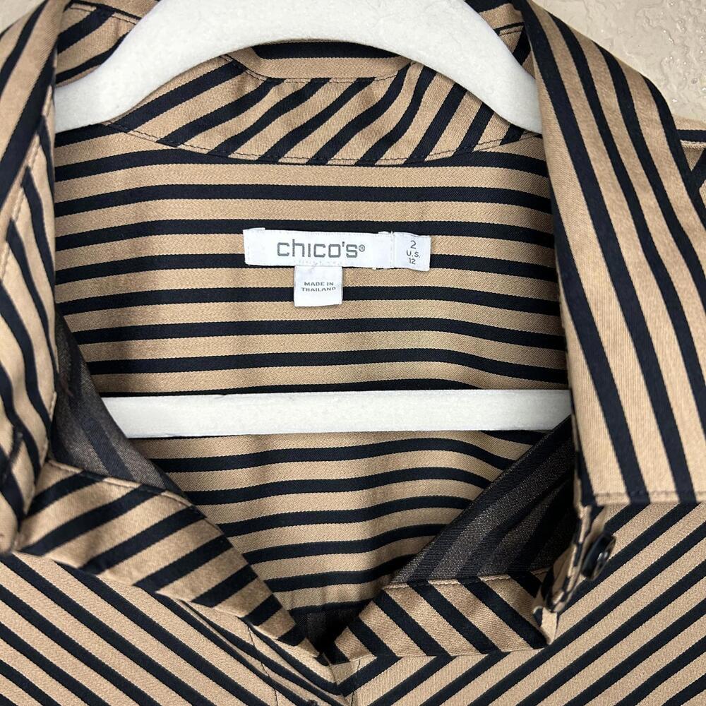 Striped Chevron Black and Tan Button up no-iron size 2 US12 Chicos - Picture 2 of 7